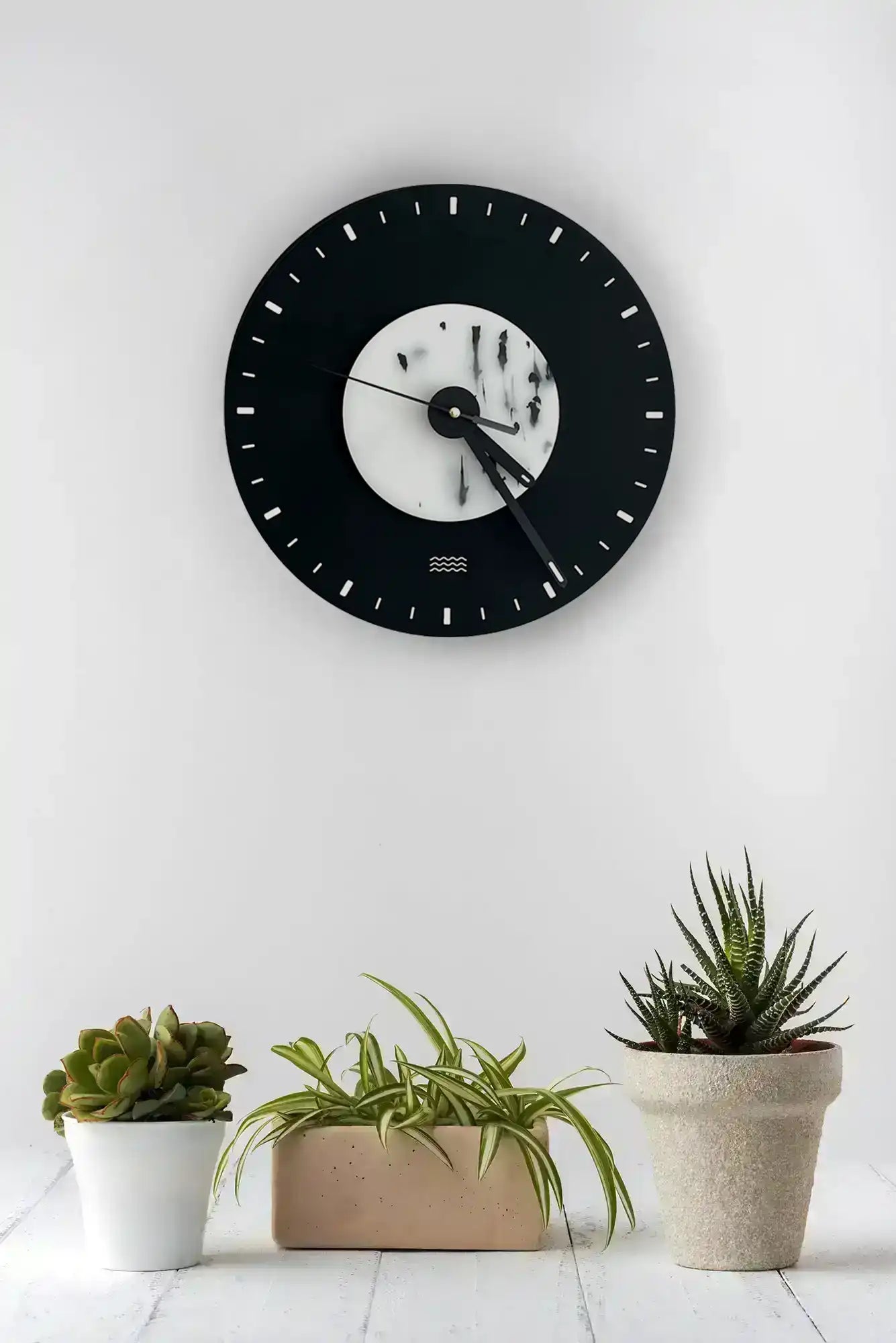 horloge murale sur fond blanc avec végétation