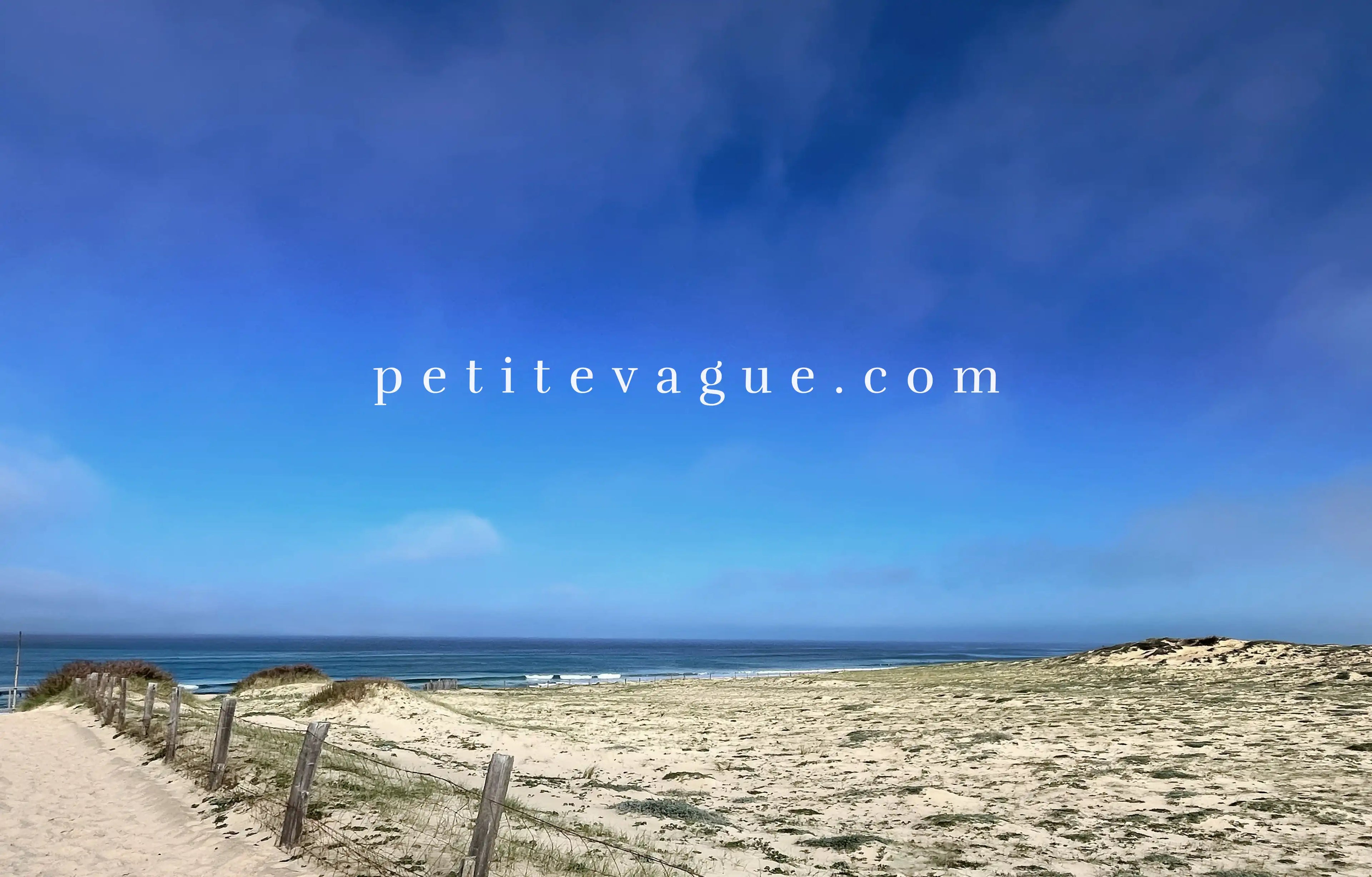 Fond d'écran à télécharger d'une vue de l'océan depuis une dune de sable. Le texte 'petitevague.com' est écrit au centre de l'image."
